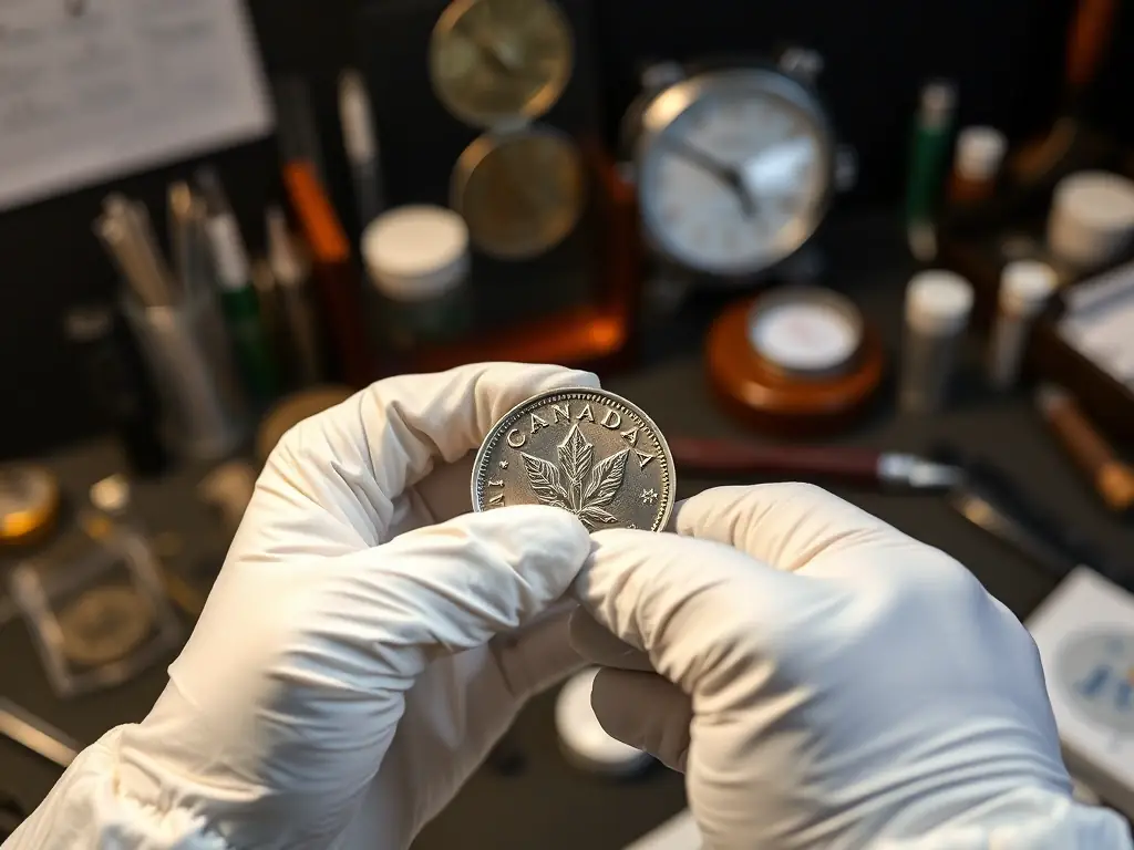 A pair of white coin collecting gloves gently holding a Canadian silver dollar, emphasizing the importance of handling coins with care to prevent damage, set against a backdrop of a well-lit collector's workspace.